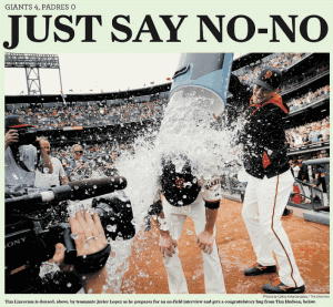 Tim Lincecum gets a shower after his second no-hitter in 2014